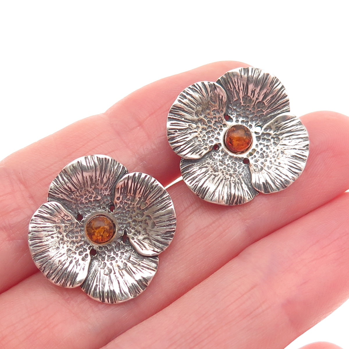 925 Sterling Silver Vintage Real Amber Modernist Flower Oxidized Earrings