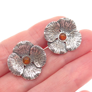 925 Sterling Silver Vintage Real Amber Modernist Flower Oxidized Earrings