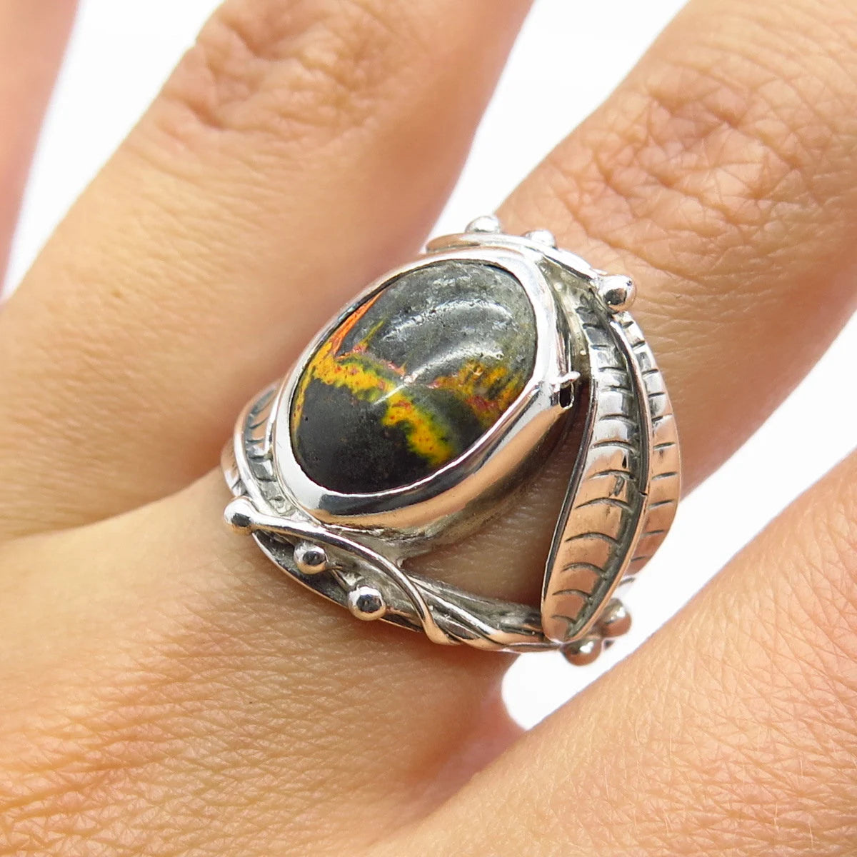 925 Sterling Silver Vintage Real Tiger Iron Gem Leaf Ring Size 6.25