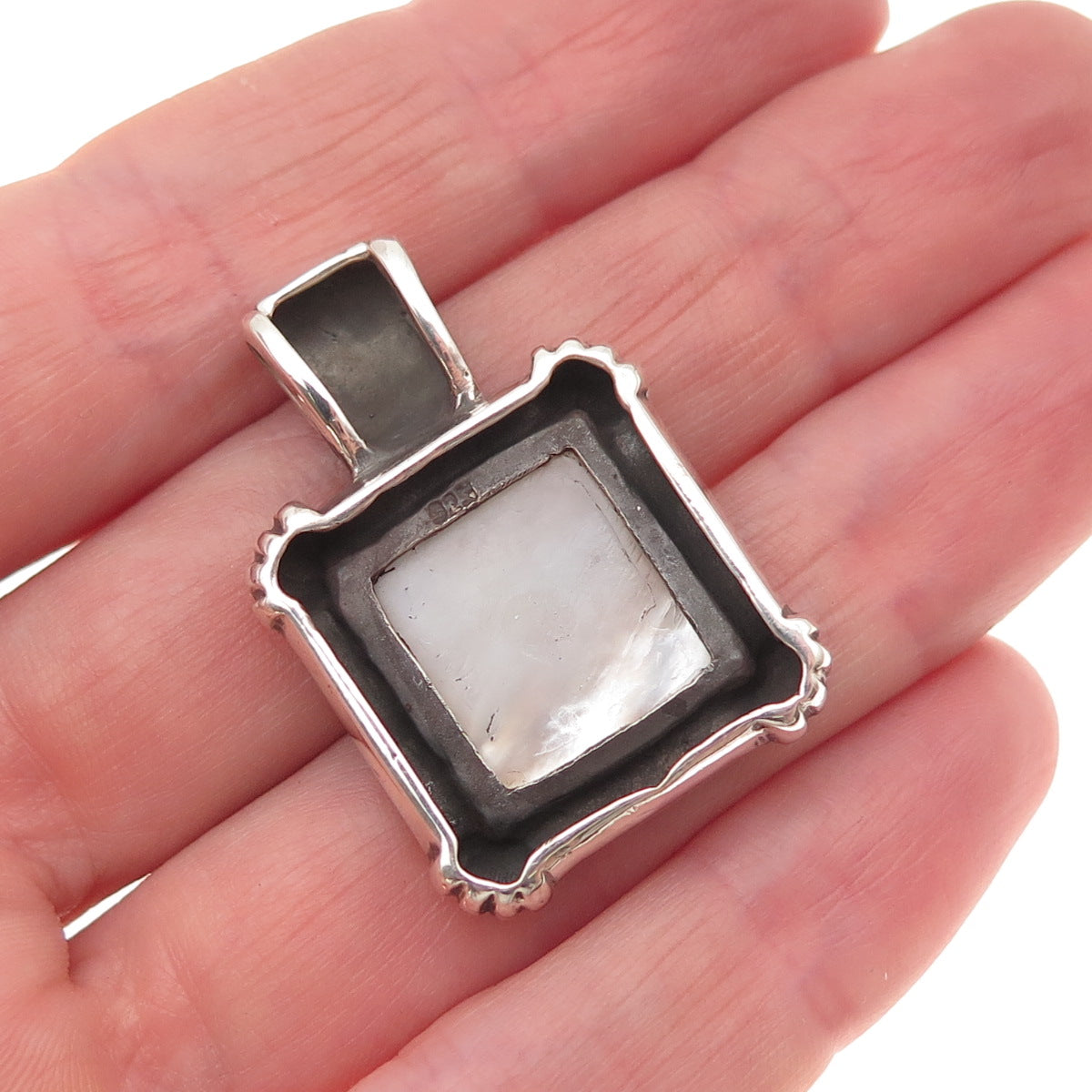 925 Sterling Silver Vintage Real MOP Granulated Oxidized Charm Pendant