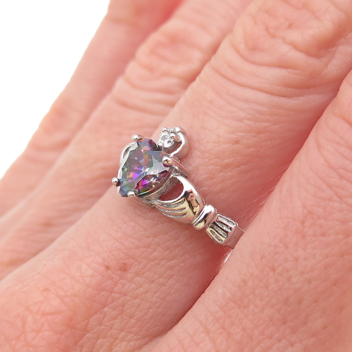 925 Sterling Silver Real Mystic Quartz & C Z Irish Claddagh Ring Size 7.25