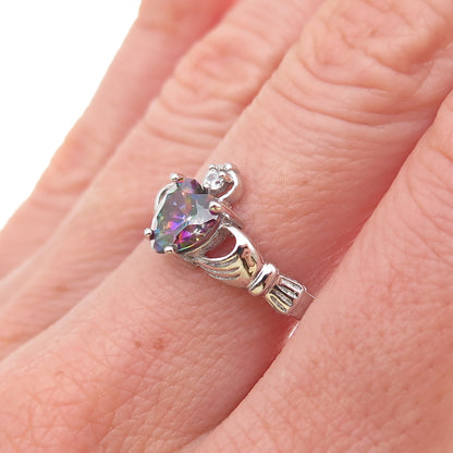 925 Sterling Silver Real Mystic Quartz & C Z Irish Claddagh Ring Size 7.25