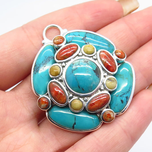 925 Sterling Silver Vintage BARSE Real Turquoise & Jasper Gemstone Pendant
