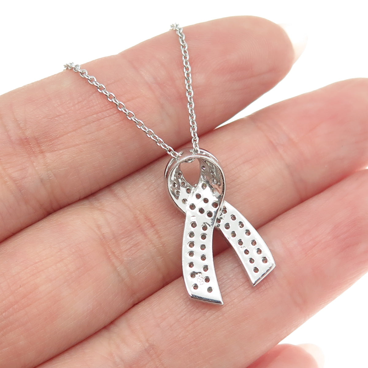 925 Sterling Silver Pave C Z Ribbon Pendant Rolo Chain Necklace 18"