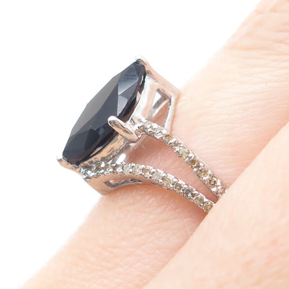 925 Sterling Silver Real Round-Cut Diamond & Black Spinel Bypass Ring Size 7.75
