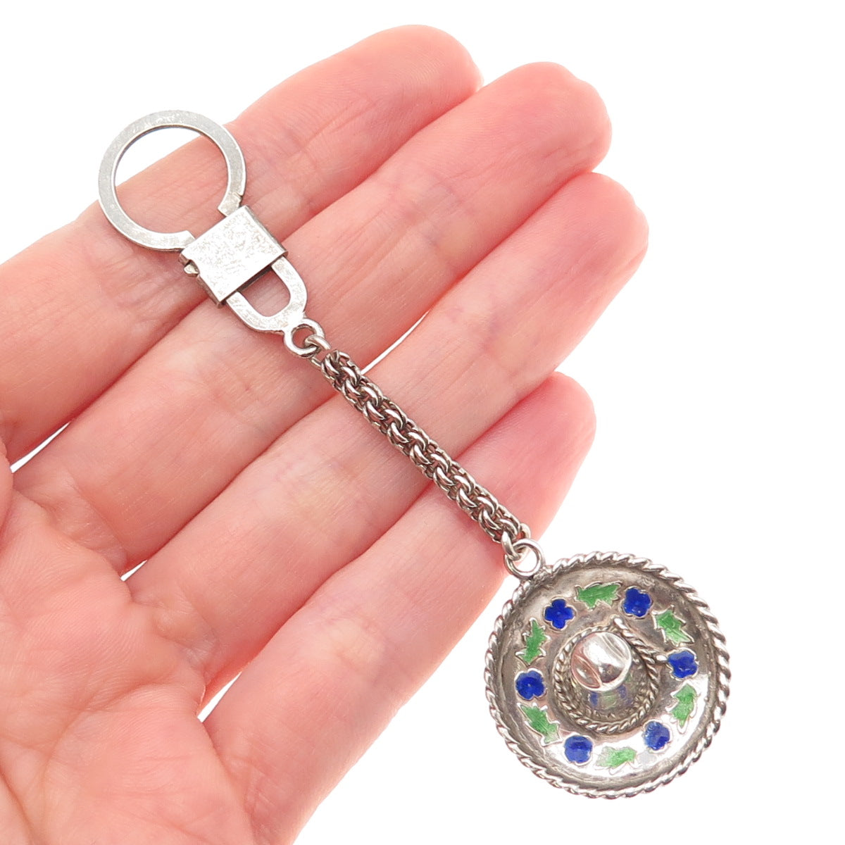 925 Sterling Silver Vintage Enamel Mexico Sombrero Hat Key Fob Chain
