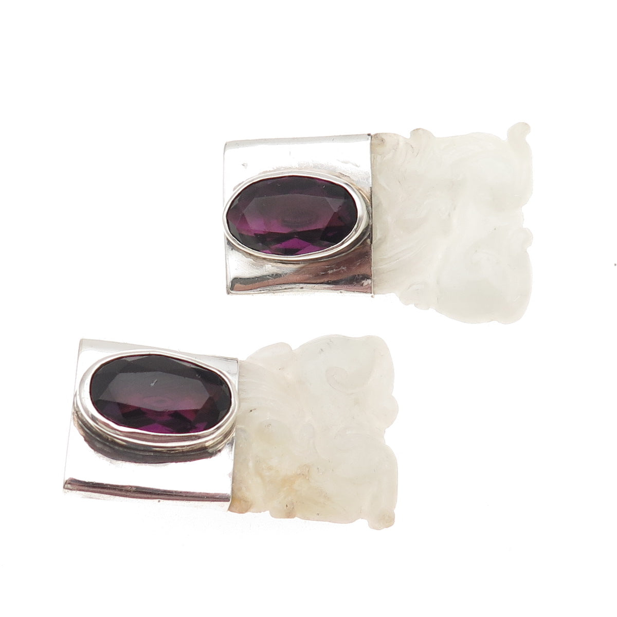 925 Sterling Vintage Real Jade & Amethyst Foo Dog Heavy 52.0g Clip On Earrings