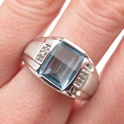 925 Sterling Silver Real Diamond & Blue C Z Modernist Ring Size 10.25