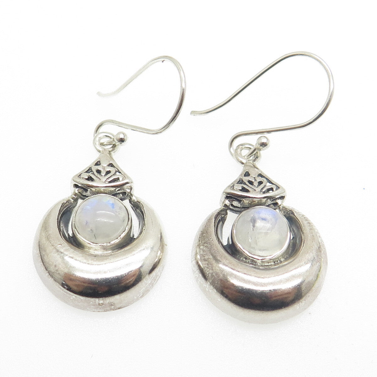 925 Sterling Silver Vintage Real Moonstone Crescent Teardrop Dangle Earrings