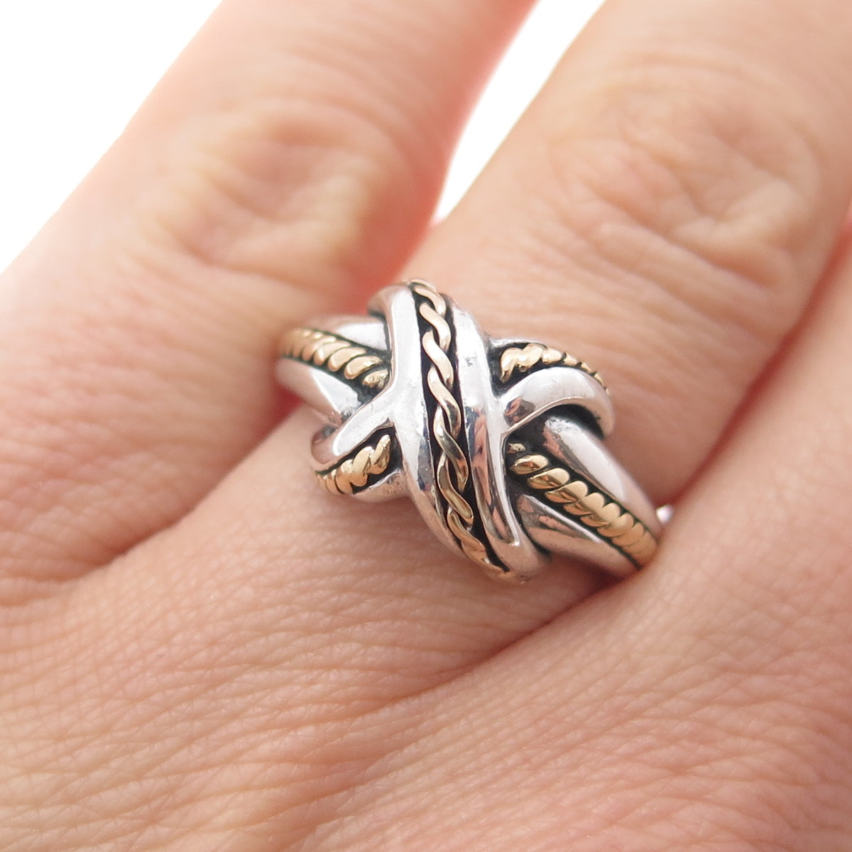 TIFFANY & CO. 925 Sterling Silver 18K Gold Vintage 1990 Crisscross Ring Size 6.5