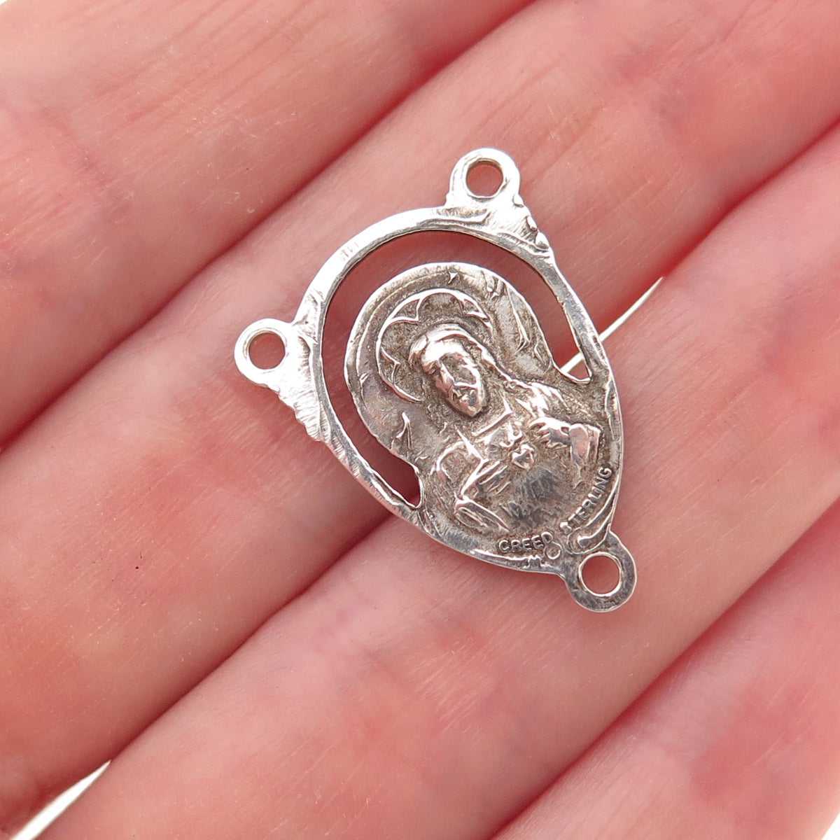 Creed 925 Sterling Silver Antique Art Deco St. Mary & Jesus Rosary Chain Pendant