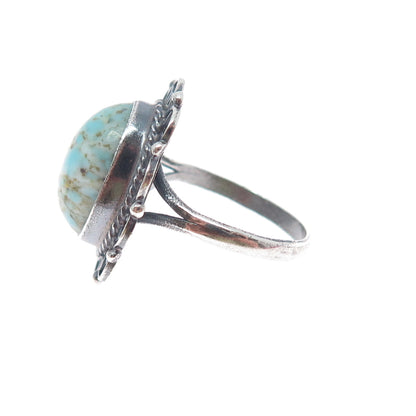 925 Sterling Silver Vintage Faux Turquoise Flower Oxidized Ring Size 5.5