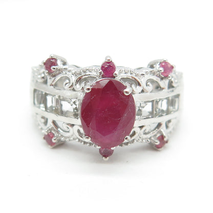 925 Sterling Silver Real Ruby & White Topaz Bohemian Ring Size 7