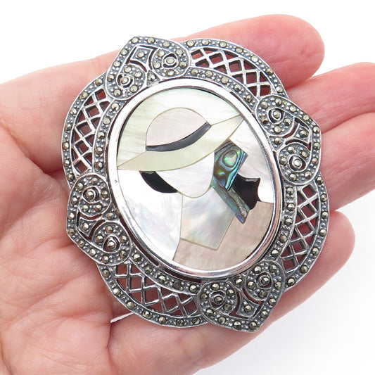 925 Sterling Silver Vintage Onyx Abalone Shell MOP & Marcasite Lady Cameo Brooch