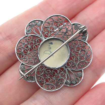 DELFT 835 Silver Vintage Netherlands Ceramic Old Mill Filigree Pin Brooch