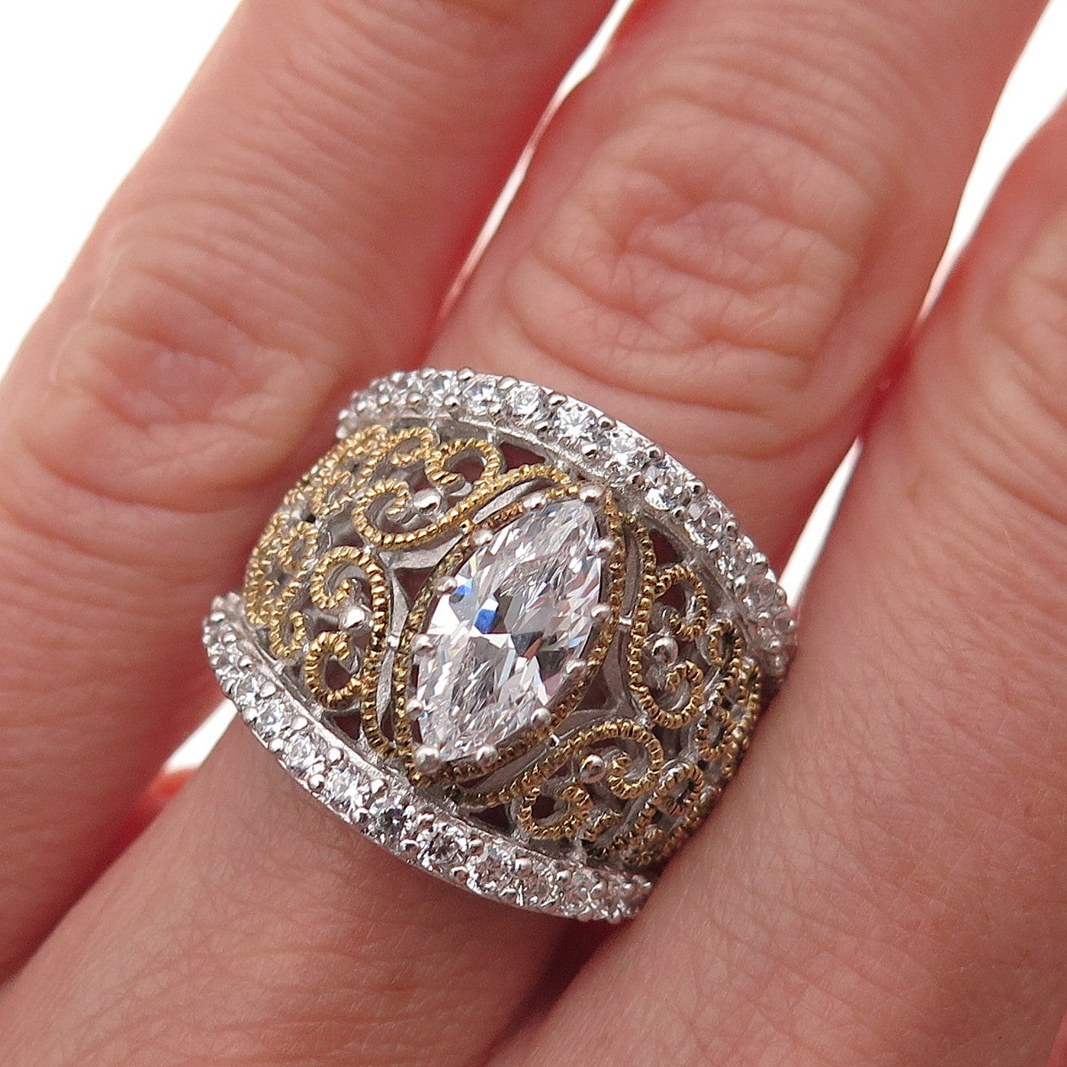 Verragio 925 Sterling Silver 2-Tone C Z Ornate Ring Size 5.25