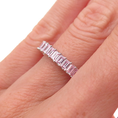 925 Sterling Silver Emerald-Cut Pink C Z Half Eternity Band Ring Size 6