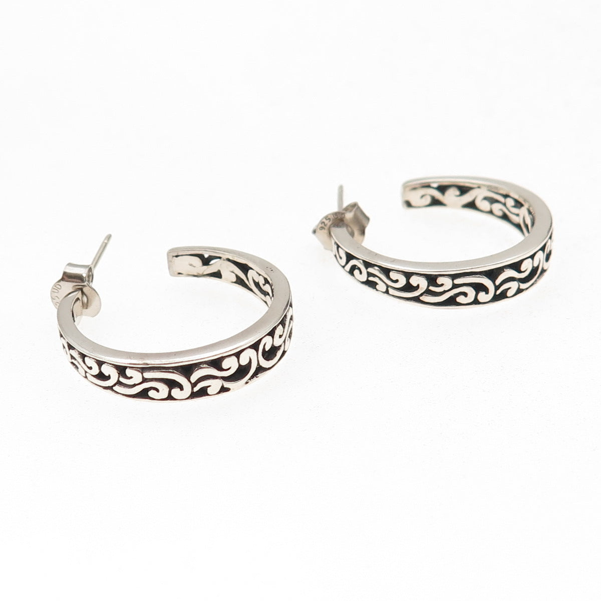 925 Sterling Silver Vintage Floral Scroll Oxidized Hoop Earrings