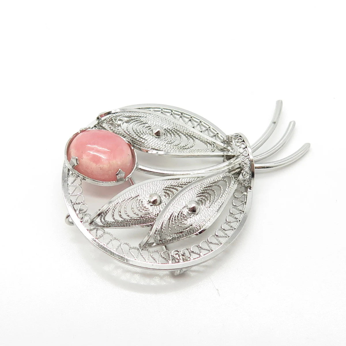 925 Sterling Silver Vintage Real Rhodochrosite Gem Leaf Filigree Pin Brooch