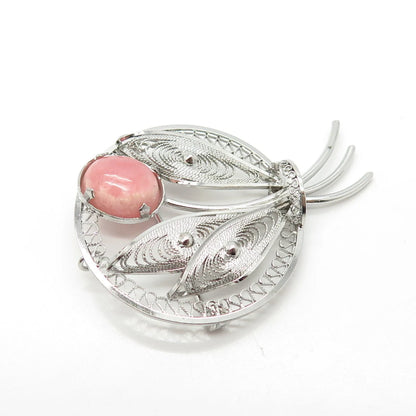 925 Sterling Silver Vintage Real Rhodochrosite Gem Leaf Filigree Pin Brooch