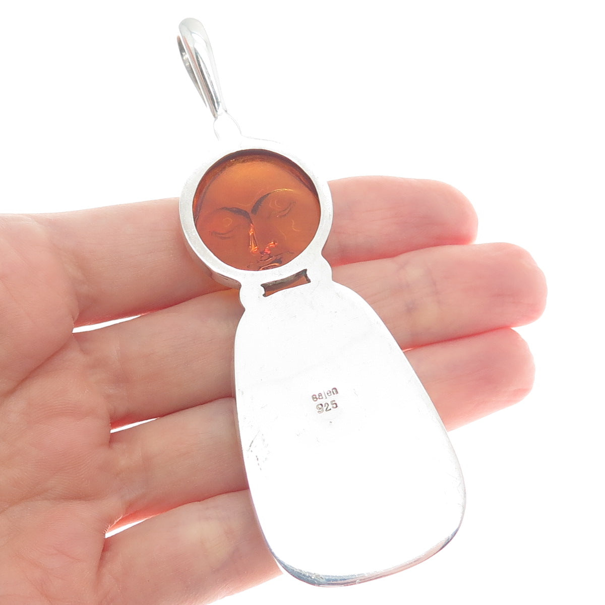 SAJEN 925 Sterling Silver Vintage Real Amber Carved Sun Face Hummingbird Pendant