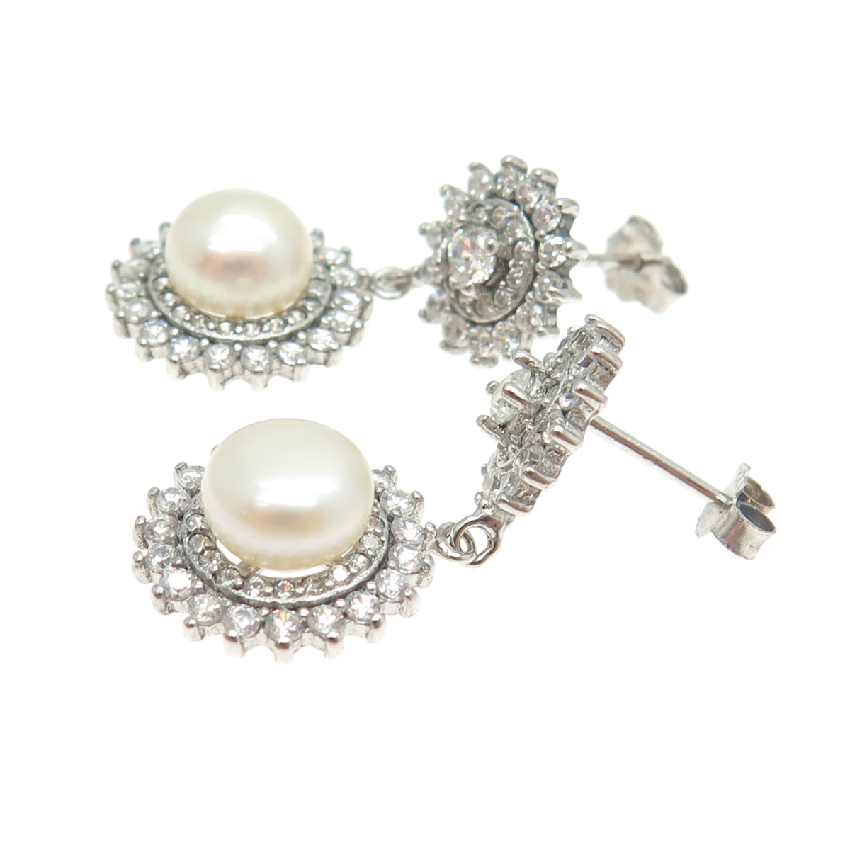 925 Sterling Silver Real Pearl & Round-Cut C Z Flower Dangling Earrings