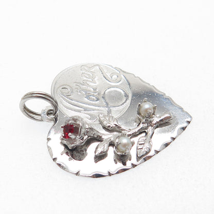 TOWN & COUNTRY 925 Sterling Vintage Rhinestone Faux Pearl "Mother" Heart Pendant