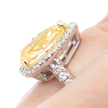 925 Sterling Silver Canary Pear-Cut & White Round-Cut Shaped C Z Ring Size 6.25