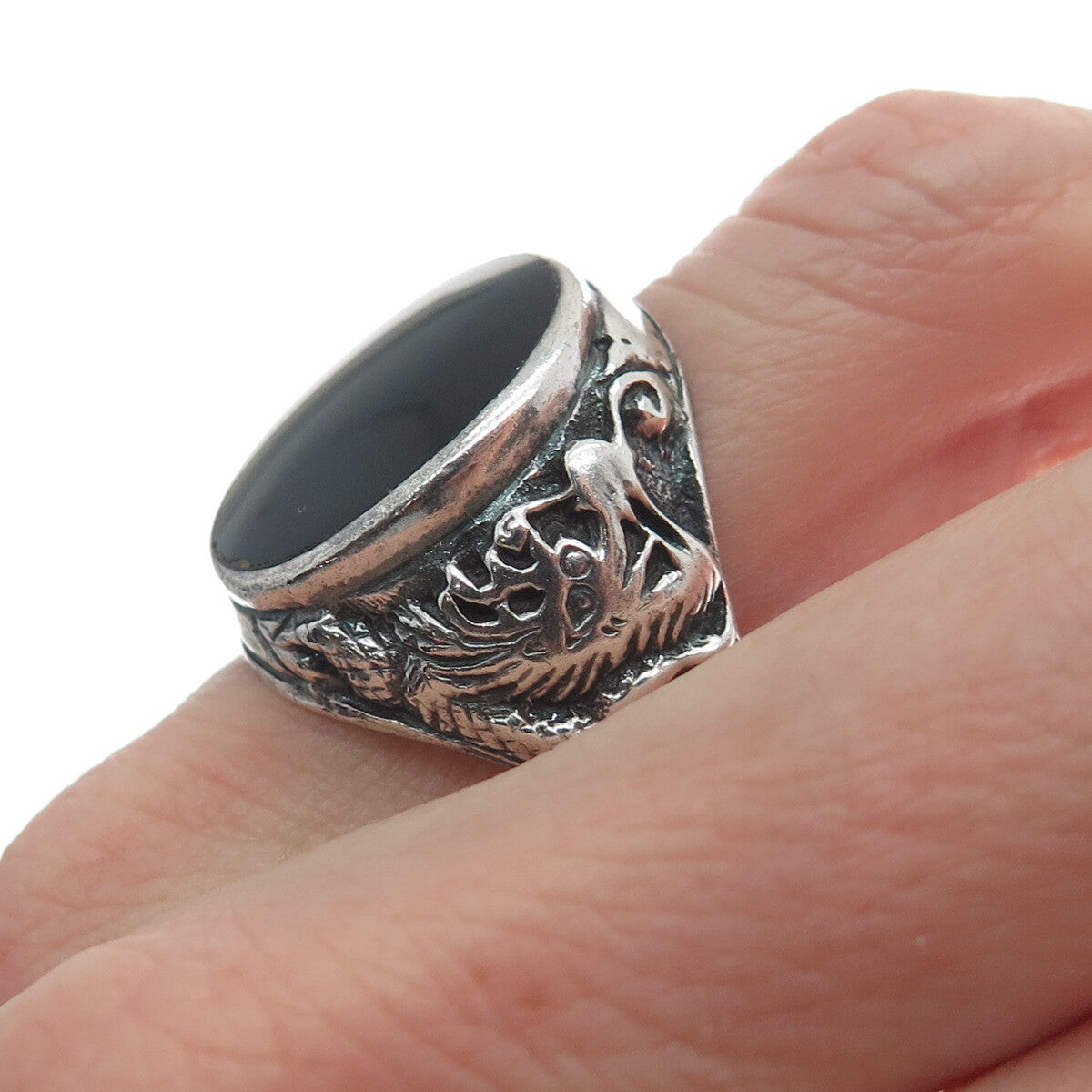 925 Sterling Silver Vintage Real Black Onyx Dragon Oxidized Ring Size 10