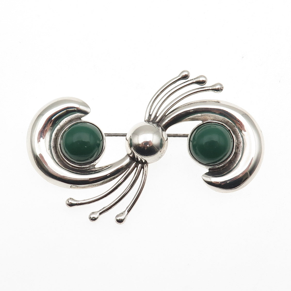 925 Sterling Silver Vintage Mexico Real Green Onyx Modernist Pin Brooch