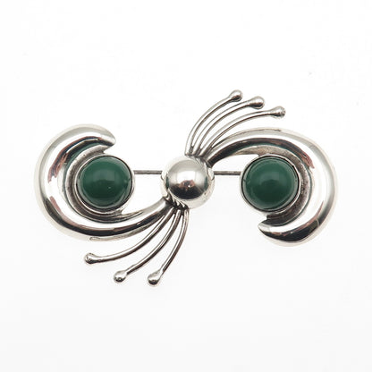 925 Sterling Silver Vintage Mexico Real Green Onyx Modernist Pin Brooch