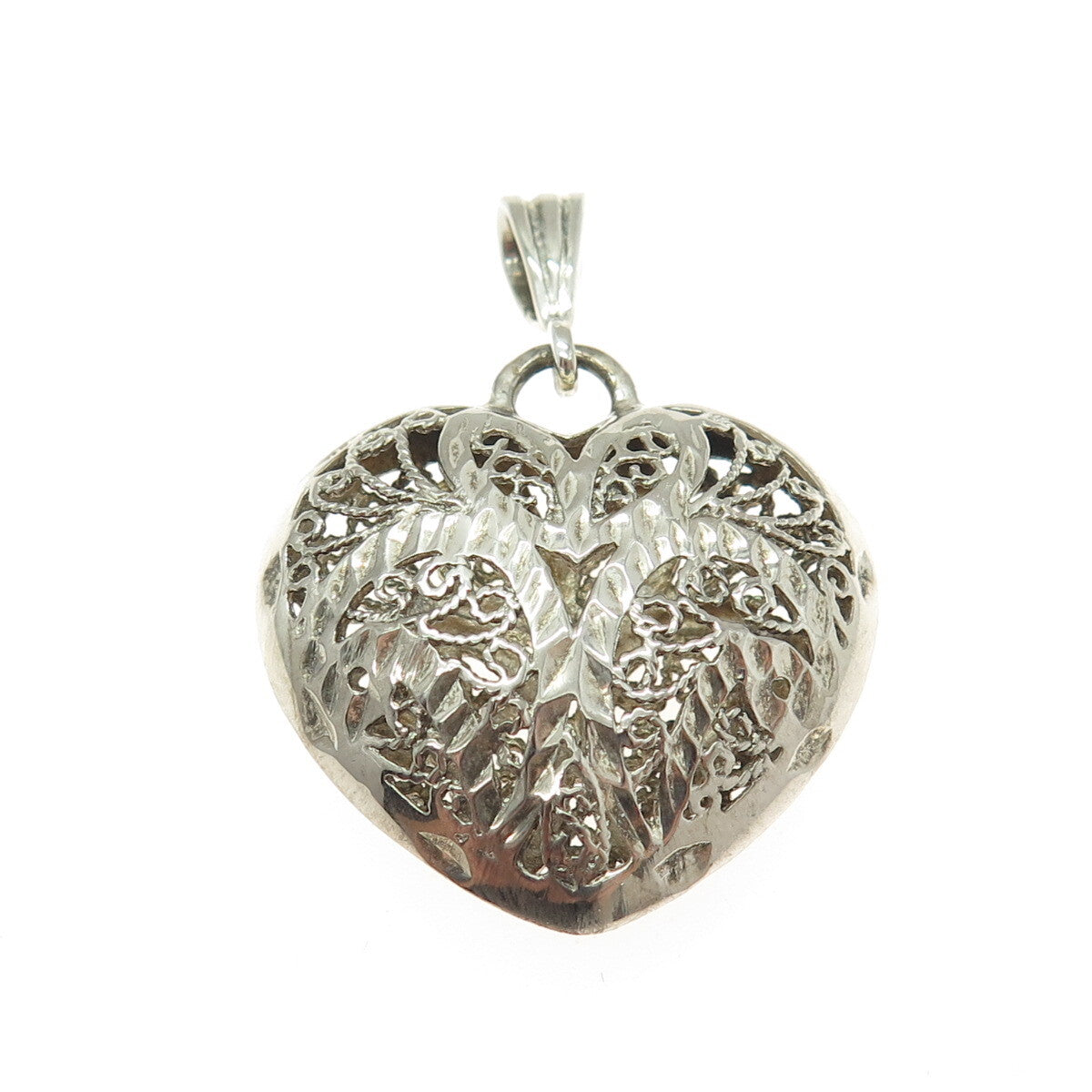BEAU 925 Sterling Silver Vintage Diamond-Cut Filigree Heart Pendant
