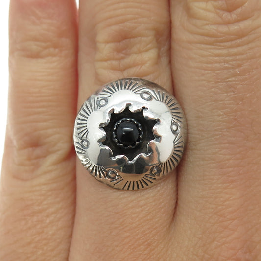 Old Pawn Sterling Silver Vintage Black Onyx Snake Eye Shadow Box Ring Size 6.75