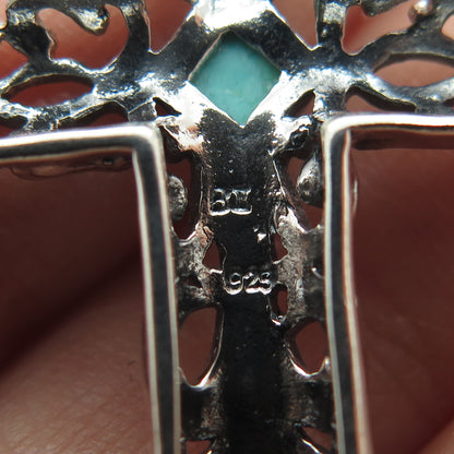 925 Sterling Silver Vintage Sleeping Beauty Turquoise Gem Ornate Cross Pendant