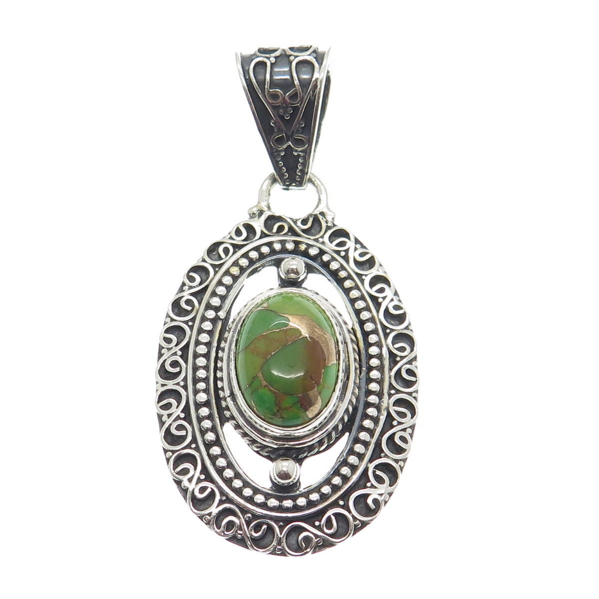 925 Sterling Silver Vintage Real Green Turquoise Gemstone Boho Ornate Pendant