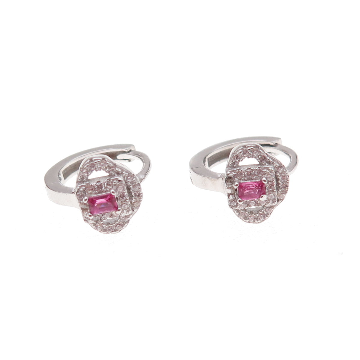 925 Sterling Silver Pink & White C Z Hoop Earrings