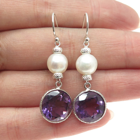 925 Sterling Silver Checkered Amethyst Gem & Faux Pearl Dangle Hook Earrings