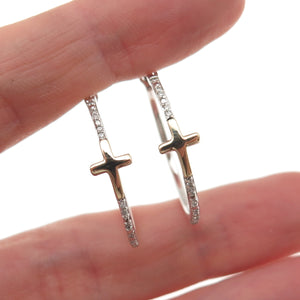 Sun 925 Sterling Silver 10K Gold Real Round-Cut Diamond Cross Hoop Earrings