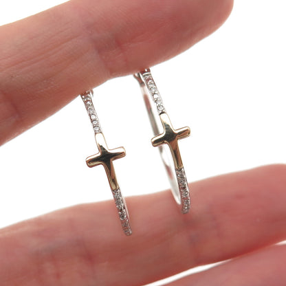 Sun 925 Sterling Silver 10K Gold Real Round-Cut Diamond Cross Hoop Earrings