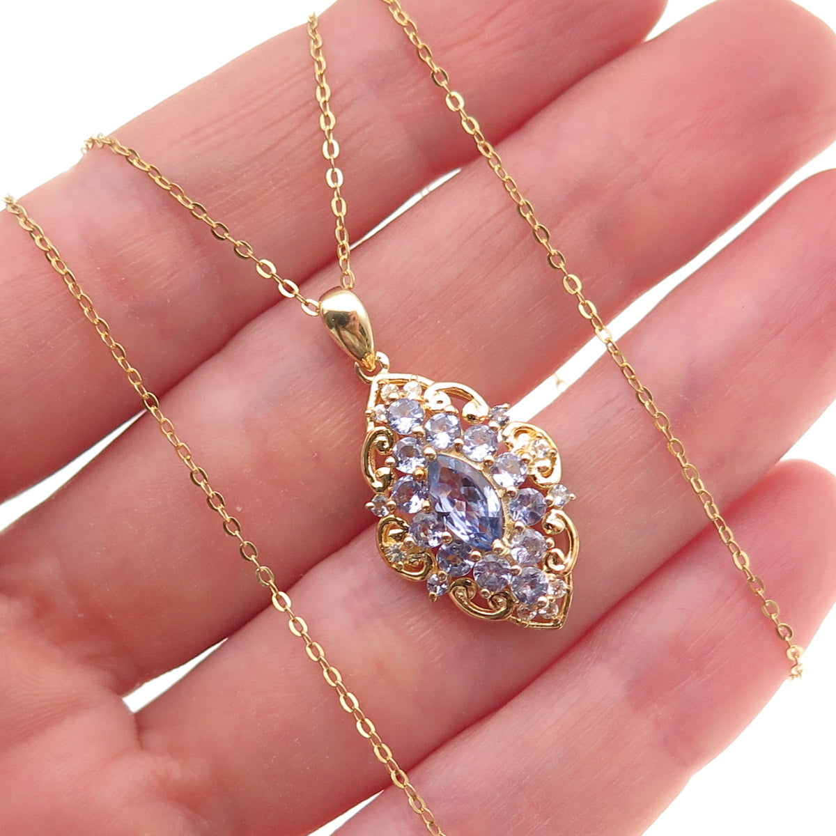 925 Sterling Silver Gold Plated Real Tanzanite & White Topaz Chain Necklace 18"
