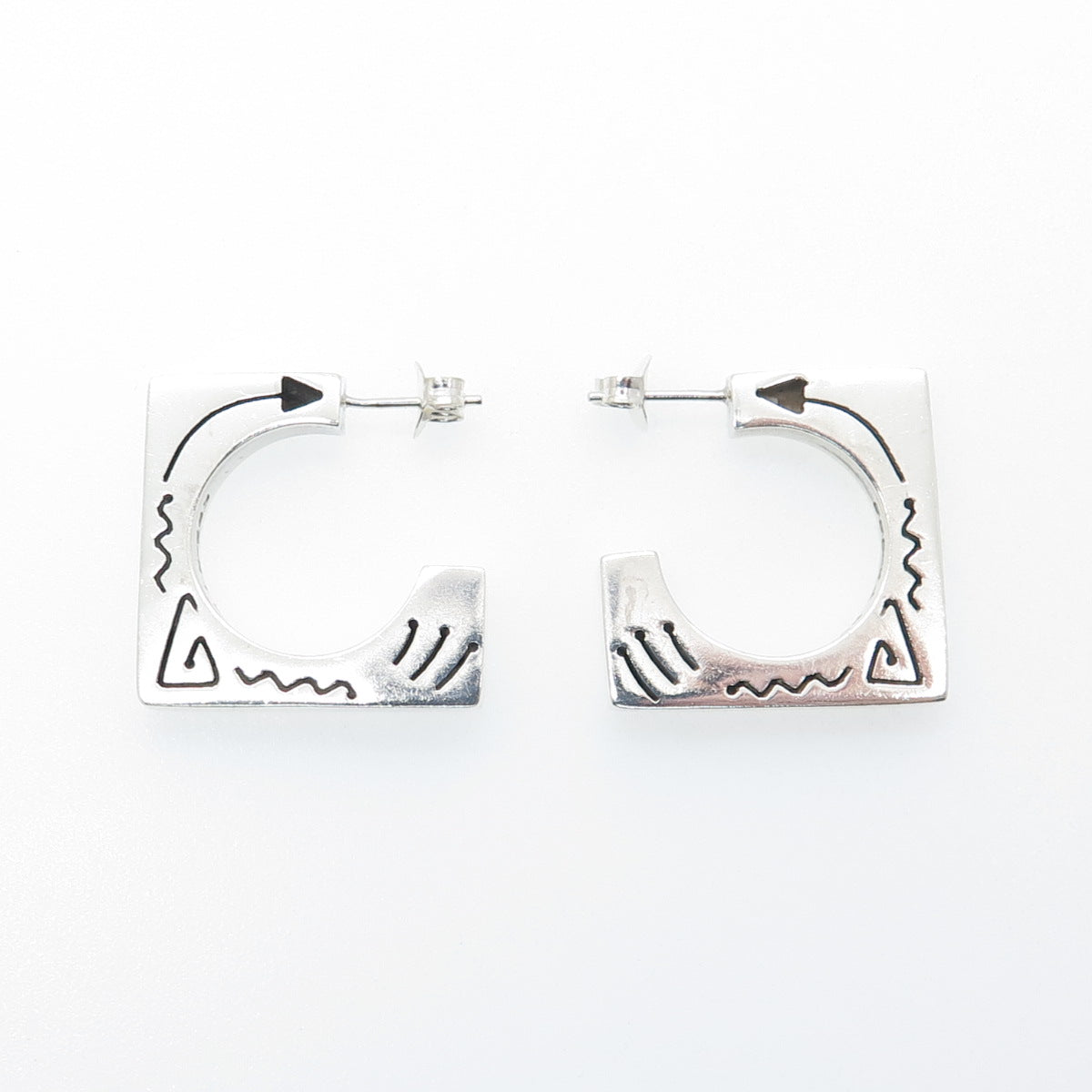 925 Sterling Silver Vintage Mexico Tribal Symbols Square Hoop Earrings