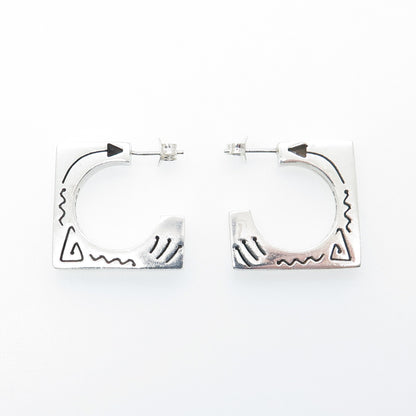 925 Sterling Silver Vintage Mexico Tribal Symbols Square Hoop Earrings
