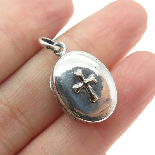 925 Sterling Silver Vintage "Faith Hope Love" Cross Oval Locket Pendant