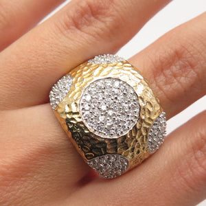 925 Sterling Silver Gold Plated Pave C Z Hammered Finish Wide Ring Size 8.25