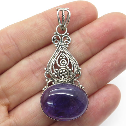 925 Sterling Silver Vintage Real Cabochon Amethyst Ornate Floral Pendant