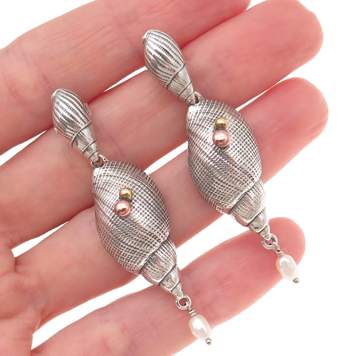 925 Sterling Silver 3-Tone Vintage Real Pearl Seashell Oxidized Dangle Earrings