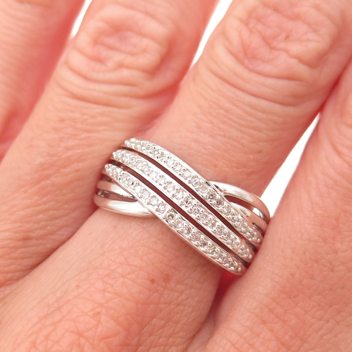Kajal Naina 925 Sterling Silver Real Diamond Crisscross Ring Size 8.25