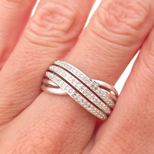 Kajal Naina 925 Sterling Silver Real Diamond Crisscross Ring Size 8.25