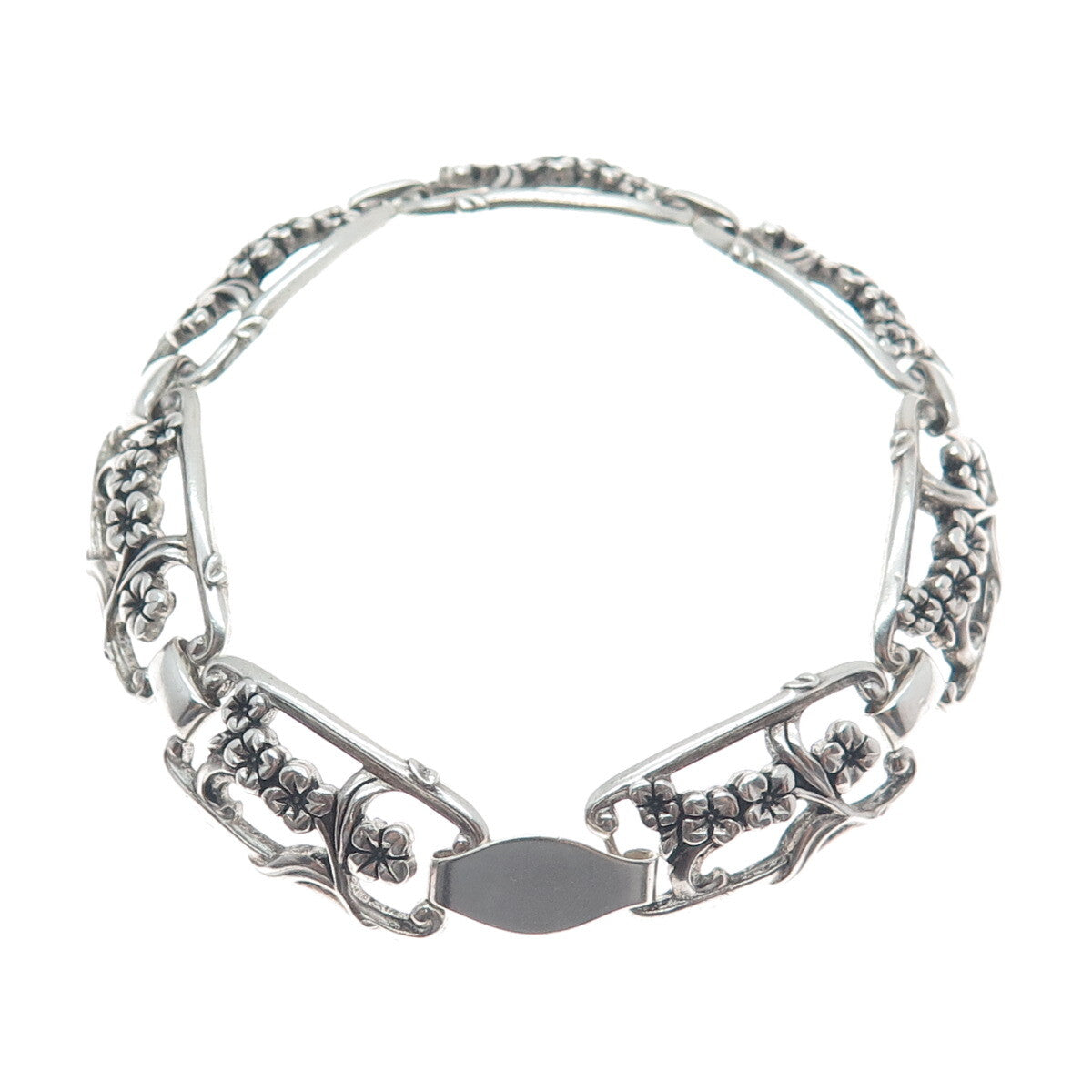 WELLS Sterling Silver Antique Art Deco Cherry Blossom Panel Link Bracelet 7.5"