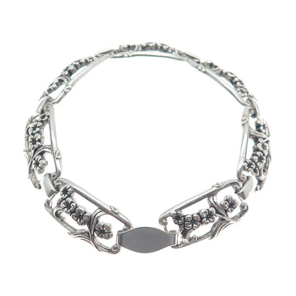 WELLS Sterling Silver Antique Art Deco Cherry Blossom Panel Link Bracelet 7.5"